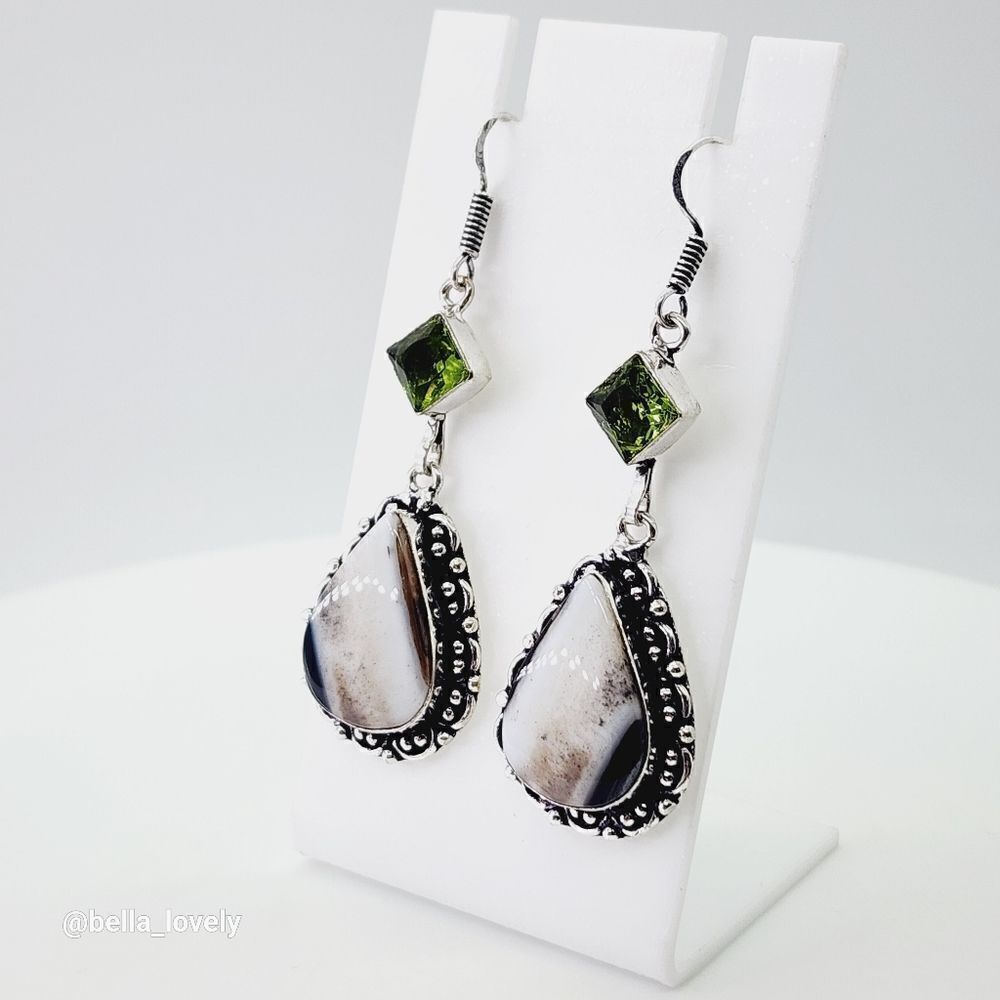 Botswana Agate Peridot Handmade Drop Dangle Earrings 2.55"